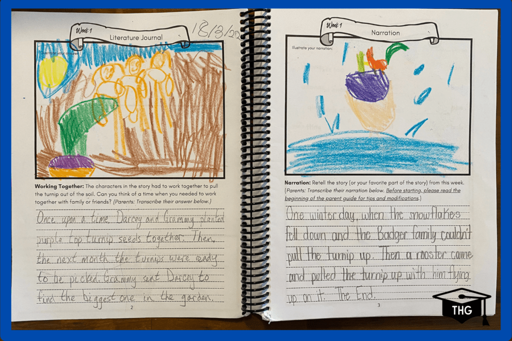 Blossom and Root work book open to show kid's pictures of two stories (Grandma Lena's Turnip and The Turnip)